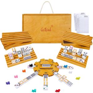 GOTHINK Mexican Train Dominoes Set, Double 12 Dominos Set for Kids Adults and Family, Dominoes Tile Board Game with Tiles Holders*8, Colorful Metal Trains*9, Wooden Hub, Scoreboards*2, Wooden Case