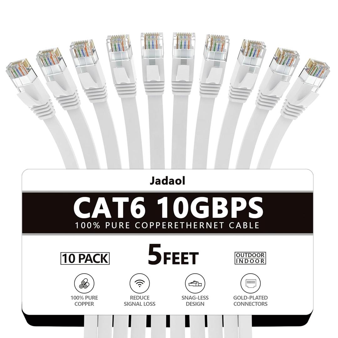 Jadaol Cat 6 Ethernet Cable 5ft 10-Pack, 10Gbps Support Cat8 Cat7 Network, Flat High Speed LAN Internet Patch Cables, Short Ethernet Cables for Router, Modem, Switch, PC, Laptop, Gaming Console, White
