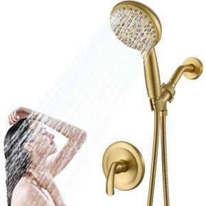 Single-Handle Gold Shower Faucet Set - Brushed Gold Shower Head and Handle Set, Shower Trim Kit with 7 Modes Handheld Shower Head System, Faucet Shower Fixtures with Valve Included