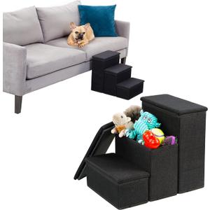 Dog Stairs with Storage - Foldable & Non-Slip 3-Layer Steps for Small & Medium Puppies, Cats - Spacious Compartment for Toys, Treats - Holds up to 100 lbs. - 14.75 x 13 x 18 Inches (Black)