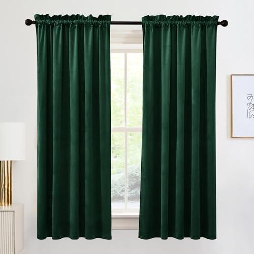 RYB HOME Velvet Curtains 72 inches Long, Rod Pocket Soft Fabric Curtains & Drapes for Bedroom Cafe, Hunter Green, W 42 x L 72, 2 Panels Set