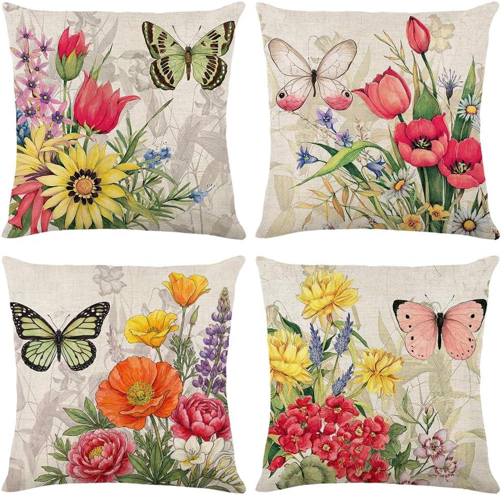 wyooxoo Throw Pillow Covers 20x20 Set of 4 Decorative Spring Pillow Covers Linen Flower Butterfly Farmhouse Pillowcases for Sofa Couch Living Room Outdoor