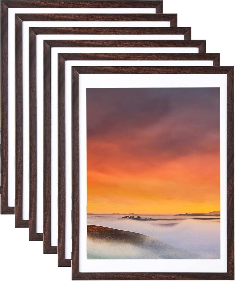 12x16 Picture Frame Set of 6, Display Pictures 11x14 with Mat or 12x16 Without Mat,Wall Gallery Photo Frames, Brown