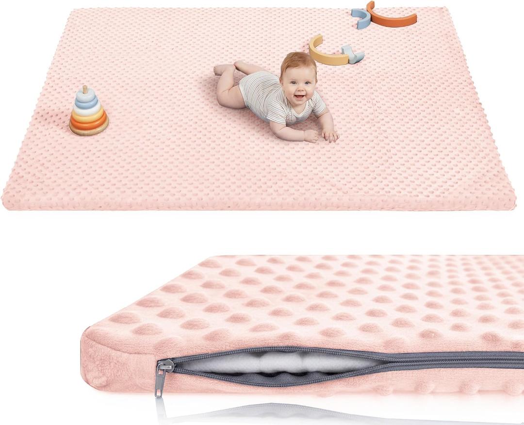 Baby Floor Play Mat for Playpen, Extra Thick 65x50 Inches Padded Mat with Ultra Soft 3D Minky Dot & Removable Washable Cover, Non-Slip & Safe for Crawling,Tummy Time,Infant/Toddler (Pink)
