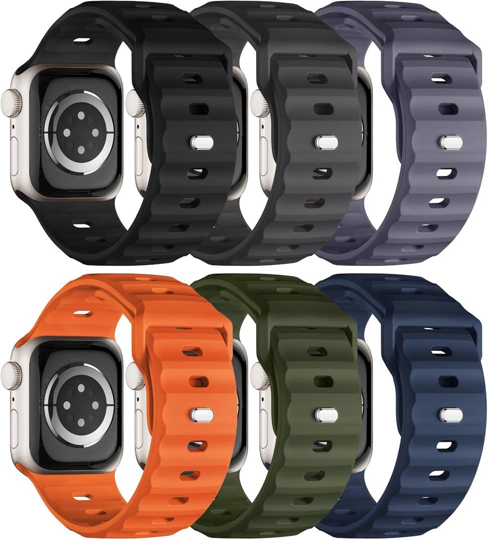 Sport Bands 6-Pack Compatible with Apple Watch Ultra 3/2 Band 49mm 46mm 45mm 44mm 42mm, Wide Soft Silicone Wristbands Waterproof Strap Men for iWatch Series 11 10 9 8 7 6 5 4 3 SE Ultra (Black/Dark Gray/Orange/Army Green/Navy Blue/Blue Gray)
