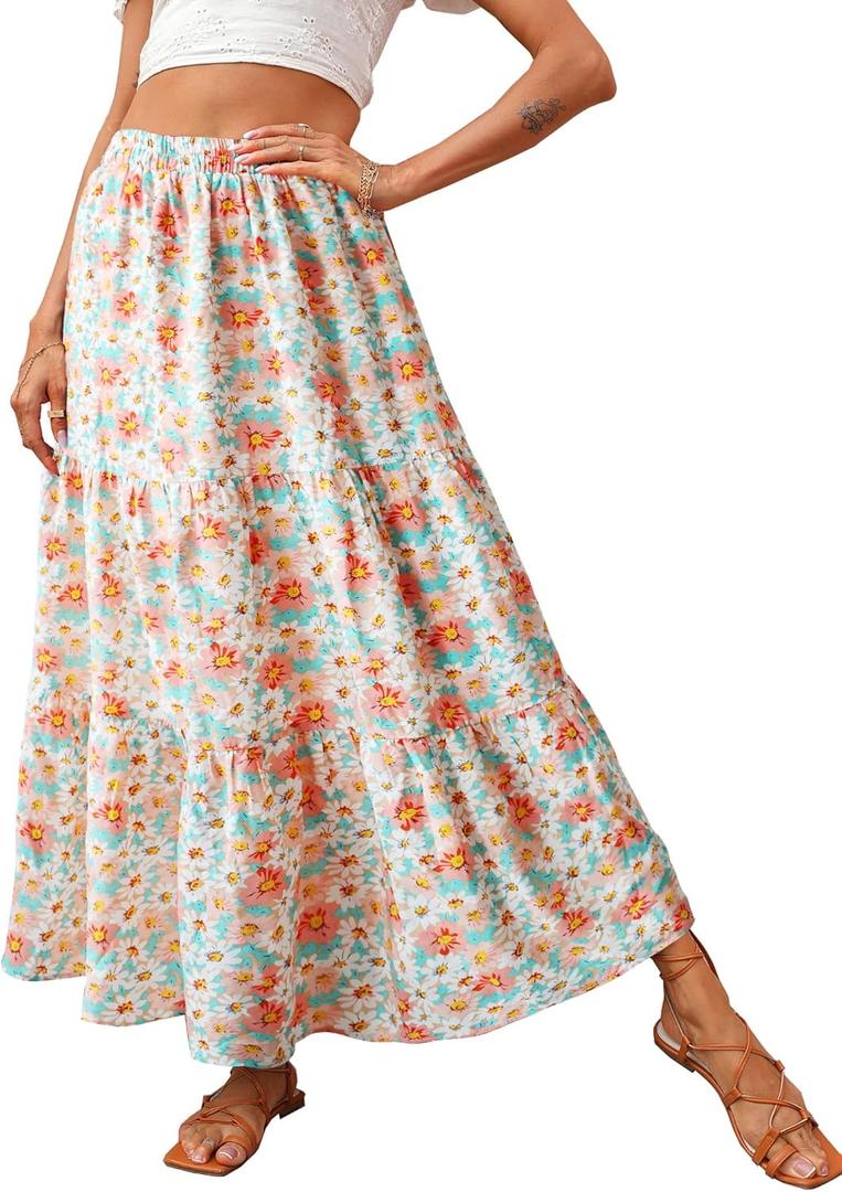 KIRUNDO Women 2026 Spring Summer High Waist Boho Floral Maxi Skirt Trendy Casual Flowy Swing Pleated A Line Beach Long Skirts (M)