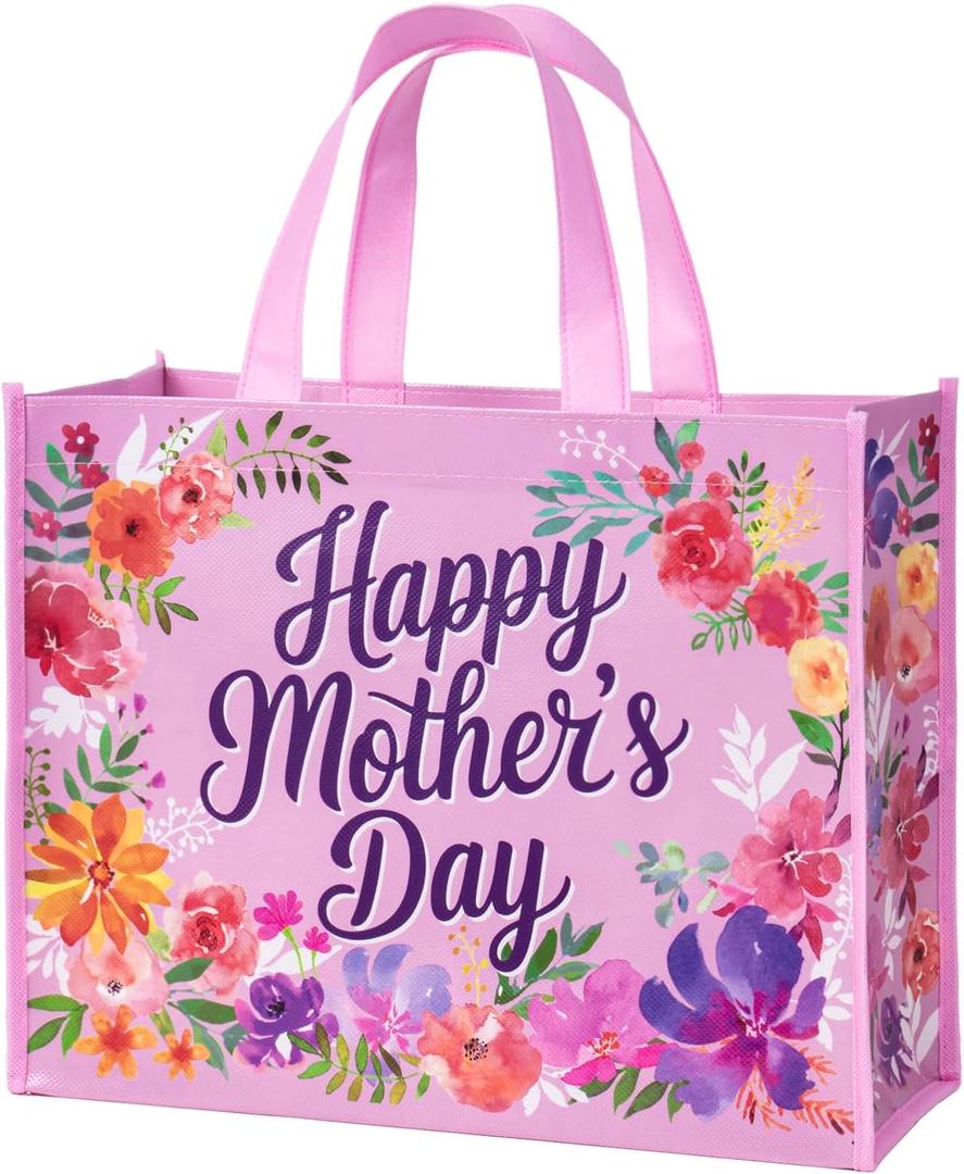 WRAPAHOLIC 13" Large Reusable Mothers Day Floral Gift Bag with Handles - Watercolor Flower Gift Bags for Mothers Day and Moms Birthday