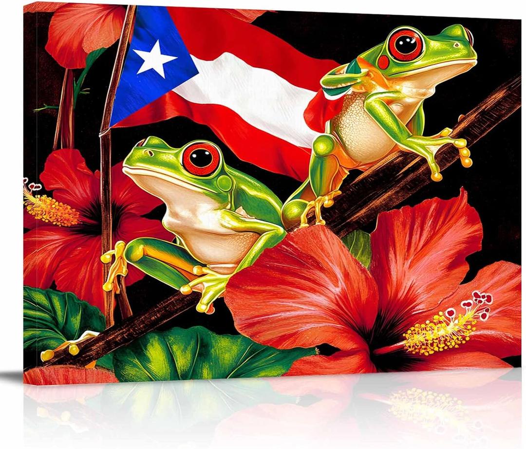 Frog Puerto Rico Flag Canvas Print Wall Art - Red Hibiscus Flower Tropical Plants - Wall Decor Modern Artwork Paintings Pictures for Living Room Stretched and Framed Ready to Hang - 16" x 24"