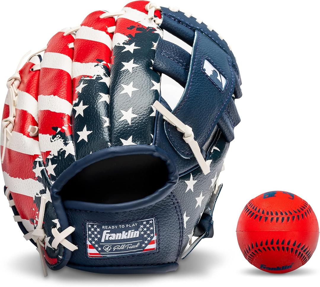 Franklin Sports Kids Baseball Gloves - RTP Youth Teeball Glove + Ball Set - Boys + Girls Teeball Mitt Set - Kids + Toddlers - 9.5" (Red/White/Blue)