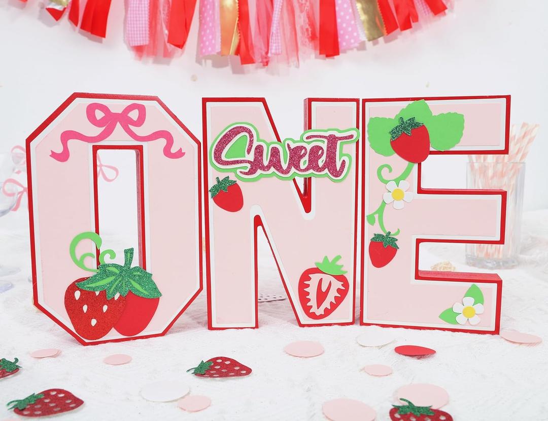 Strawberry 1st Birthday One Letter Sign - Wood One Letter Table Centerpiece for Strawberry 1st Birthday, Sweet One Birthday Party Decorations, Berry Sweet First Birthday Decor
