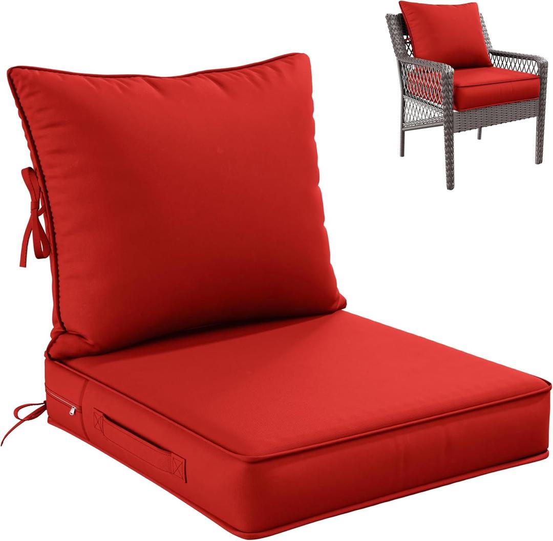 Pakunoda Premium Outdoor Seat Cushion Chair Cushions for Patio Furniture 22 L X 24 W X 4 H Waterproof & Fade Resistant Deep Seat and Backrest Cushion Set with Removable Covers for Chair, Sofa (Red)