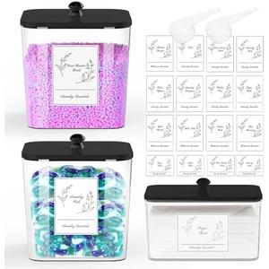 COAZEX 2 Pack Plastic Laundry Pods Container & Dryer Sheet Holder, Laundry Room Organization and Storage Jars with Lids, Scoops & Labels for Detergent, Powder, Scent Booster(Black Lid)