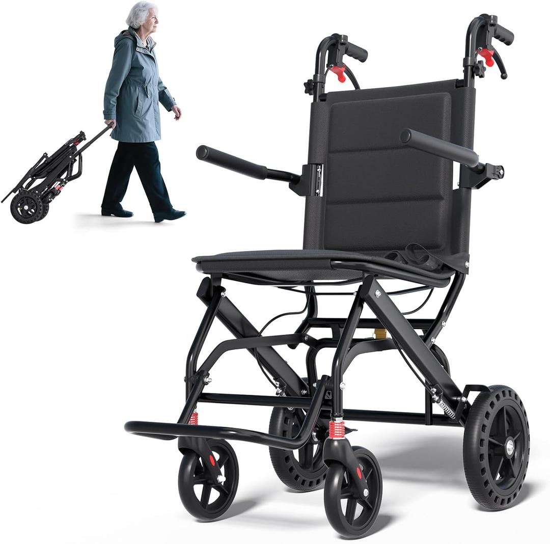 Lightweight Transport Portable Folding Wheelchair, Ultra-Light Wheelchair (Only 17lbs) with Telescopic Handle & Cupholder for Adults Seniors Kids, Support 220lbs