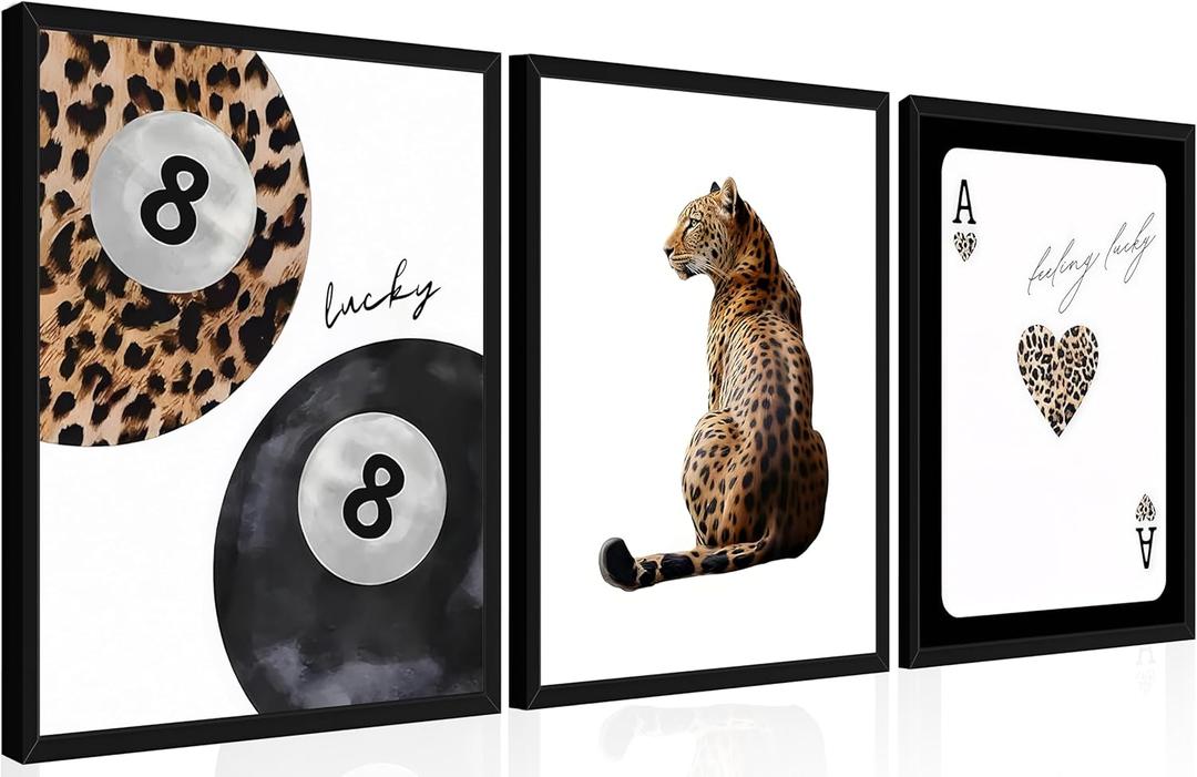 Framed Trendy Leopard Wall Art Set of 3, Funky Preppy Cheetah Wall Decor Paintings, Fashion Lucky 8 Posters Prints Pictures for Living Room Bedroom Dorm 12x16 Inch Black Wood Frame