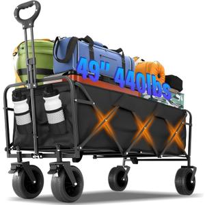49" Extra Long Wagons Carts Foldable, 440 LBS Large Capacity Collapsible Wagon Heavy Duty with Wheels, Portable Utility Folding Wagon for Beach, Garden & Camping