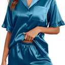 Ekouaer Satin Pajama Set for Women Button Down Silk 2 Piece Pj Sets Ruffle Short Sleeve Sleepwear M