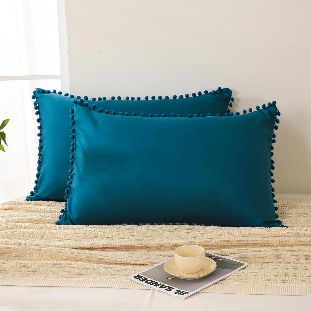Move Over Teal Pom Poms Pillowcases, Standard Queen Pillow Cases Set of 2, 100% Washed Microfiber,Teal Blue Ball Fringe Pillow Cover, 2 Pack (Queen, Teal)