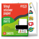 JOYEZA Premium Printable Vinyl Sticker Paper for Inkjet Printer - 25 Sheets Matte White Waterproof, Dries Quickly Vivid Colors, Holds Ink well- Tear Resistant - Inkjet & Laser Printer