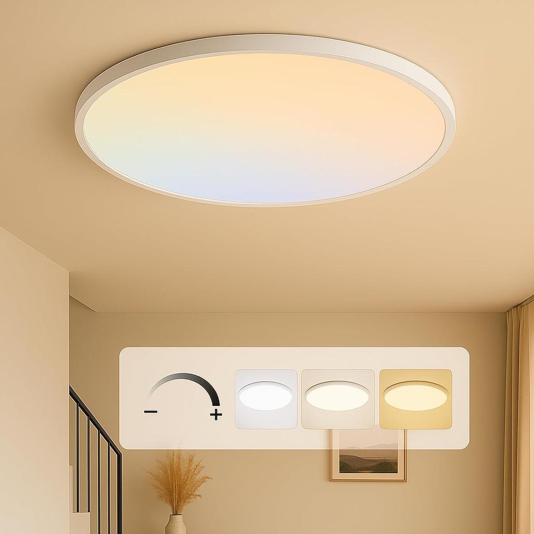 MOONSEA 24 Inch Flush Mount Ceiling Light Fixture 48W - 3000K/4500K/6000K Adjustable Round Large Kitchen Light Fixtures Ceiling 4800lm, Dimmable Light Fixtures for Bedroom, White