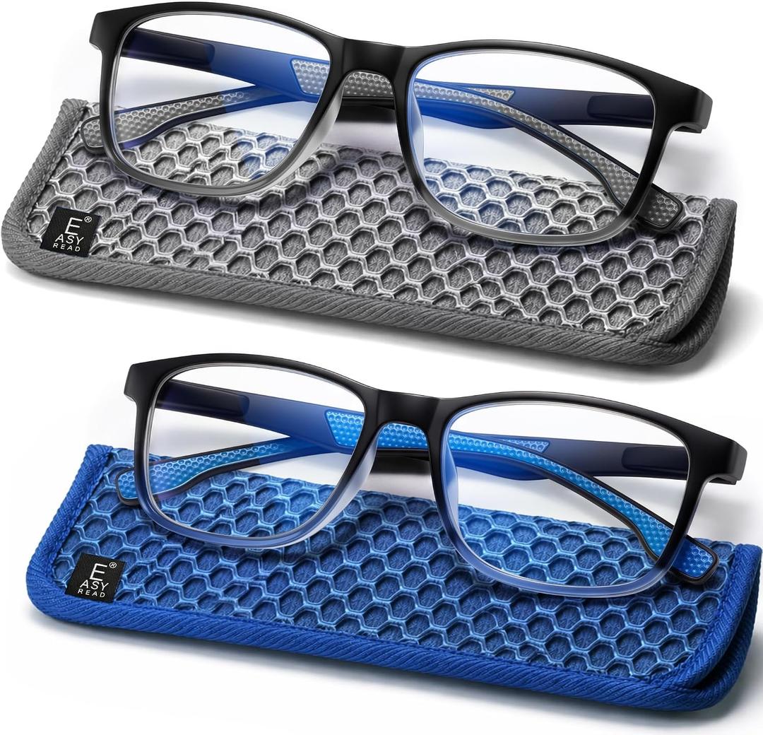 EASY READ 2 Pack Square Reading Glasses for Men, Blue Light Blocking Readers with Spring Hinge to Reduce Eye Strain(Magnification 1.50,Black/Blue)