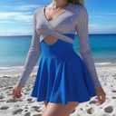 NESY Long Sleeve Swimsuits for Women Rash Guard V Neck One Piece Bathing Suit Swim Dress Woman Swimwear Swimdress UPF 50+ (Blue, M)