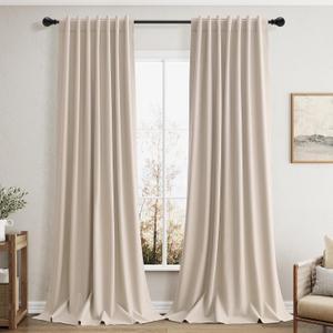Beige Linen Black Out Curtains 90 Inch Length Back Tab 100 Percent Blackout Curtain for Living Room Patio Sliding Door Thermal Insulated Noise Reducing Bedroom Light Blocking Drapes 52x90 Inch Long