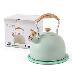 LONFFERY Tea Kettle for Stove Top, 2.5 Quart Whistling Tea Kettle, with Food Grade Stainless Steel and Wood Pattern Folding Handle, Turquoise