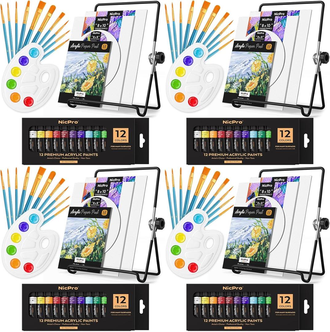 Nicpro Acrylic Paint Set for Adults, 160PCS Painting Supplies Kit with 4 * 12 Colors Paint, 12 Canvas, 4 Table Easel, 4 * 10 Brushes, Paper Pad, Palette, Date Night Painting Kit for Artist Beginner