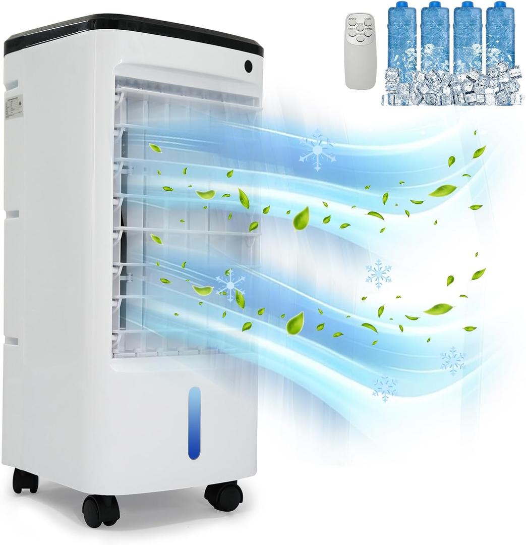 Portable Air Conditioners, Evaporative Air Cooler Dual Water Tank, 12H Timer for Auto-off, 4 Upgraded Ice Packs, Smart Remote, Fast Cooling Windowless Swamp Cooler Air Conditioner for Room