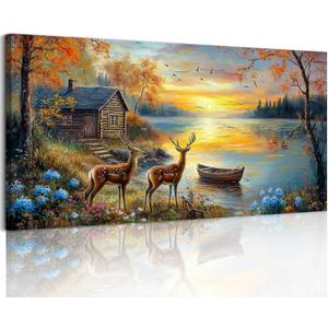 crmotu Animal Landscape Wall Art, Lake Sunset Scenery Large Artwork, Cottage Deer Flower Rustic Canvas Art Prints, Nature Autumn Scenic Paintings Wall Decor Living Room Bedroom Kitchen 20X40 In (Elk River Sunset)