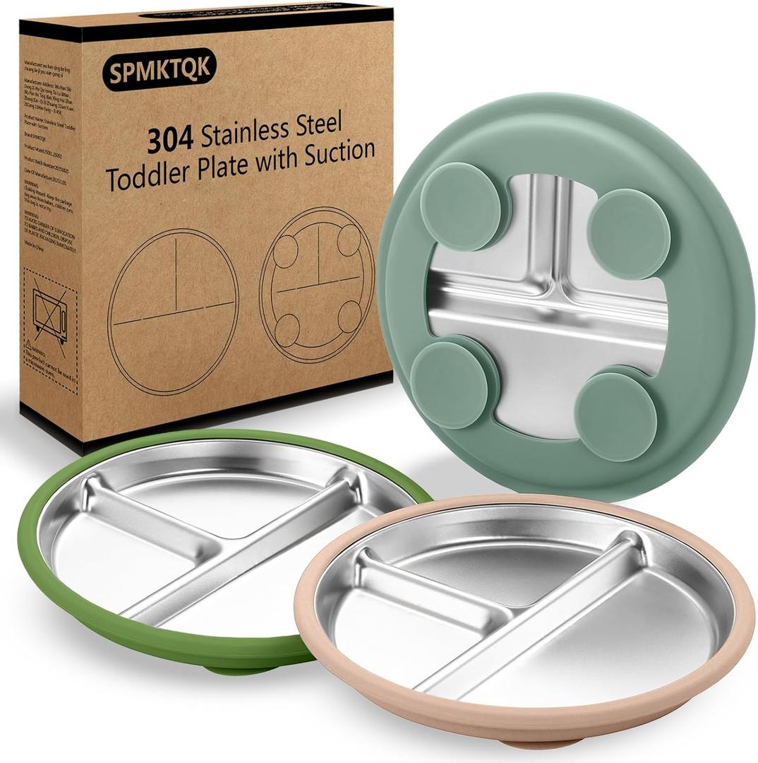 SPMKTQK 3Pack Sainless Steel Kids Plates with Suction, 8.1 Divided Toddler Baby Plates with Removable Silicone Sleeves BPA Free Non-Slip 2-in-1 Anti Breakage Metal Toddler Bowls (Light green, Dark green, Earth yellow)