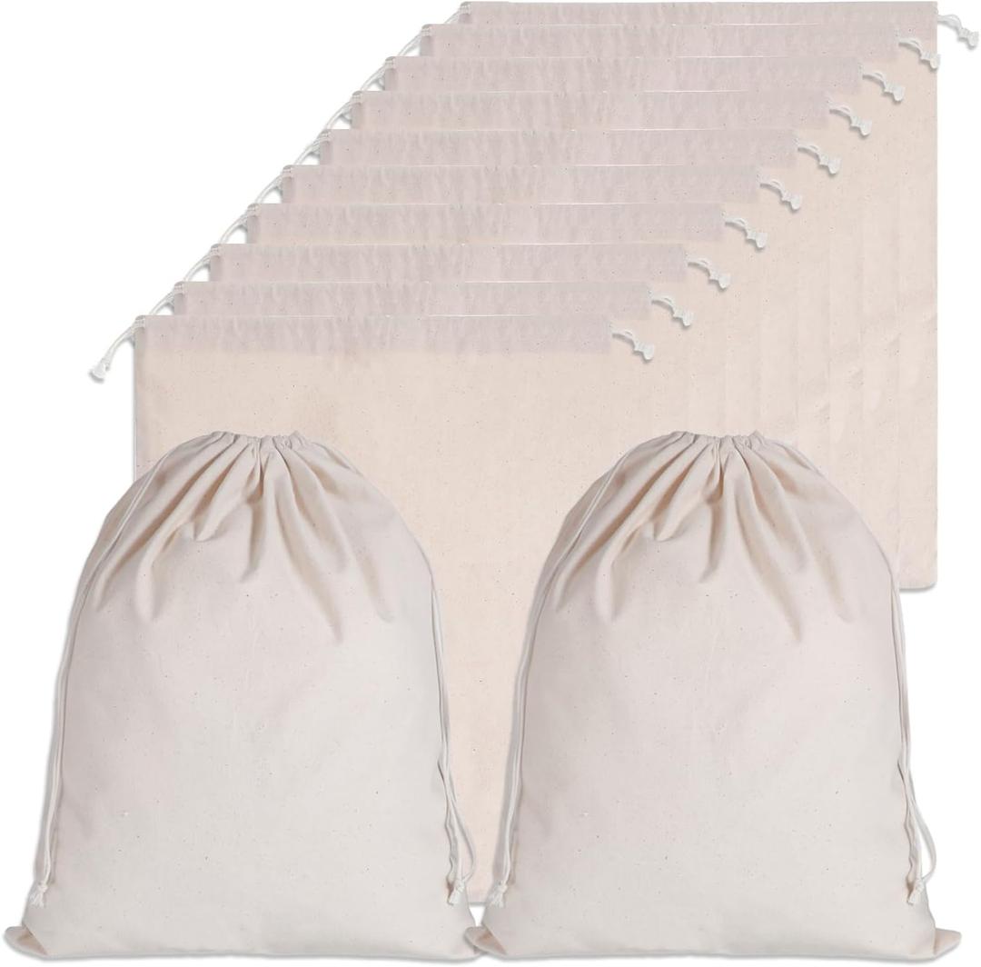 10 Pack 11.9x15.8 Inch Cotton Storage Bags with Drawstrings, Canvas Fabric Sacks, Reusable Multipurpose Muslin Bags for Bread, Produce, Shoes, and More