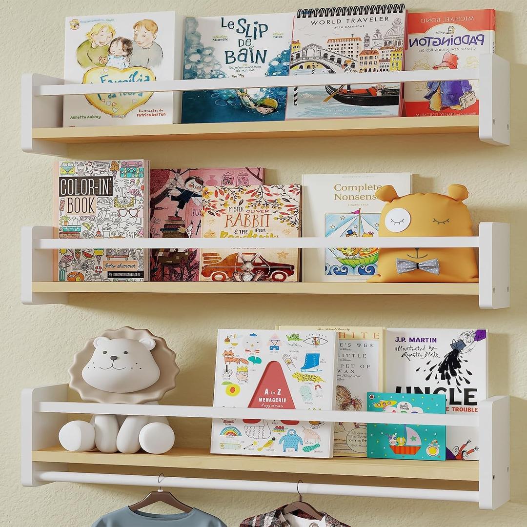 MXCSE Nursery Floating Bookshelf for Kids, Wall Mounted Kids Book Shelf with Toy Storage, Pine Wood Nursery Shelves for Playroom, Bedroom, Toddler Room, Set of 3 (Pine & White, 23.6 Inches)
