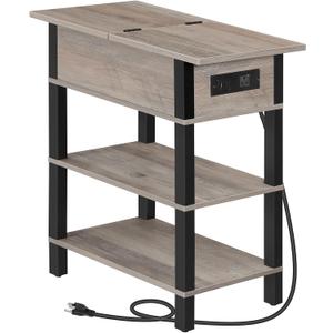 HOOBRO End Table with Charging Station, Flip Top Side Table with USB Ports, Narrow Nightstand Bedside Tables with Storage Shelves, for Small Space, Living Room, Greige and Black BG141UBZ01, 18.5"D x 11"W x 25.5"H