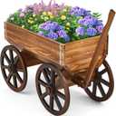 Wooden Wagon Planter Box, Garden Planter with Wagon Wheels, Flower Cart for Balcony, Decorative Patio Flowers Herbs Vegetables for Indoor Outdoor Decor, Brown(Elegant)