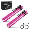 WORKPRO Rechargeable Pen Light, Mini Flashlight, 2 Pack Ultra-Compact EDC Flashlight, Pocket Flashlight with Clip, Memory Function and 2 x USB C Cable Included, Pink 
