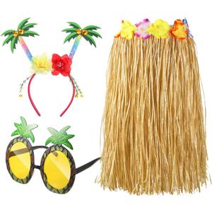 Janmercy 3 Pcs Hawaiian Luau Party Outfits Set Tropical Grass Hula Skirt Headbands Glitter Sunglasses for Women Beach