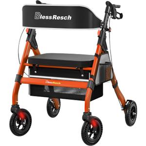 BlessReach Foldable Rollator Walkers with Seat for Seniors, 450 lb Capacity, 8'' Wheels, 18" Big Seat, 6-Position Adjustable Height, Heavy-Duty Aluminum Rolling Walker (Red)