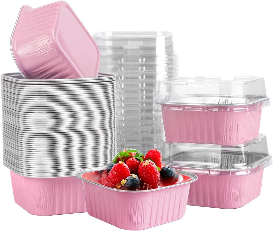 50 Pcs Mini Square Baking Cups with Lids,10oz Aluminum Foil Mini Cake Pans with Lids,Disposable Ramekins Cake Pans,300ml Dessert Cups Cupcake Pans for Wedding Birthday Party,Pink