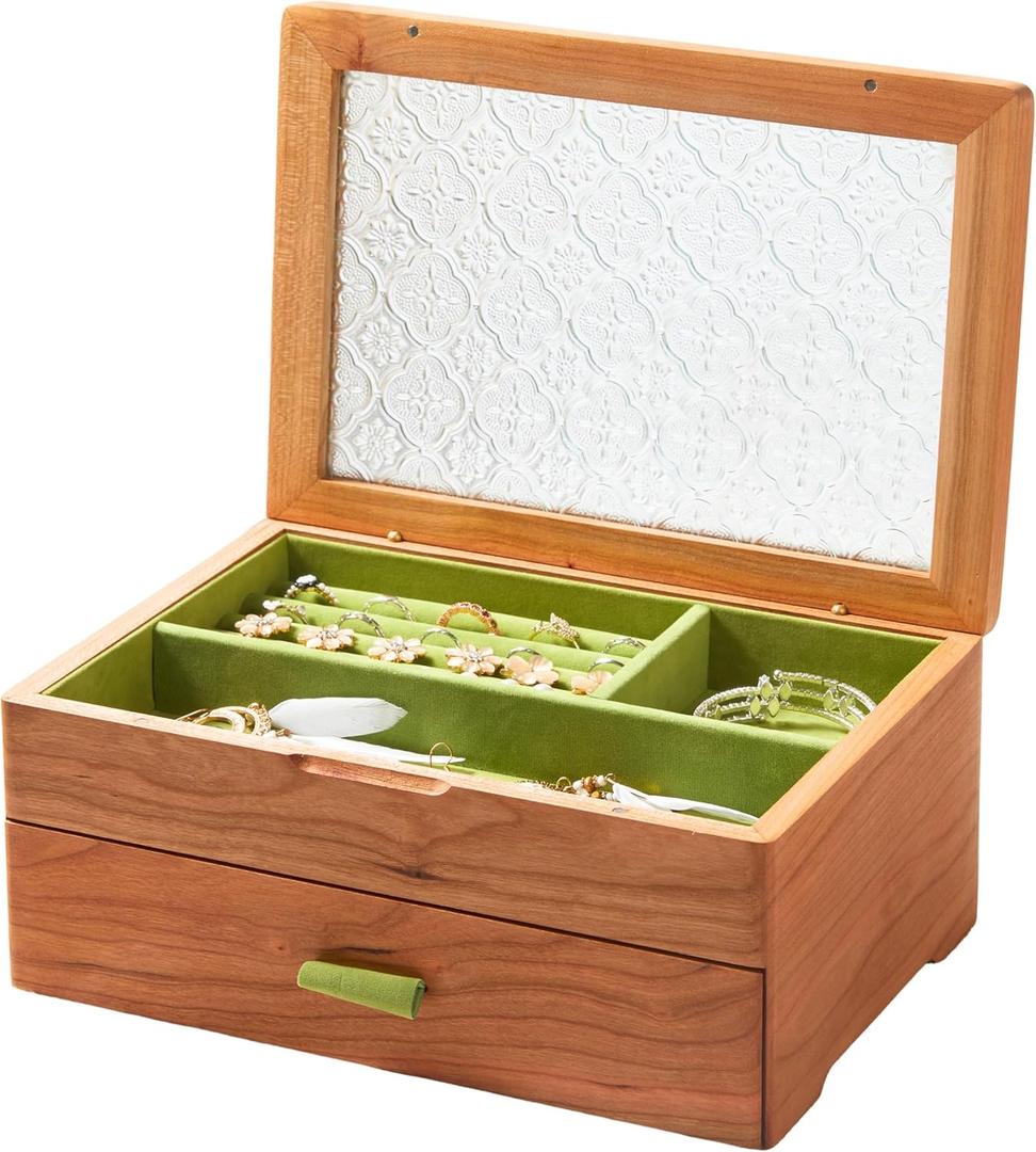 EURIELK Wooden Jewelry Box, Large Size Case, Natural Solid Cherry Wood Vintage Trinket Organizer with 2Layer Storage, Drawer, Ring Compartments, Necklace Hooks, Glass Lid, ek06bcherry
