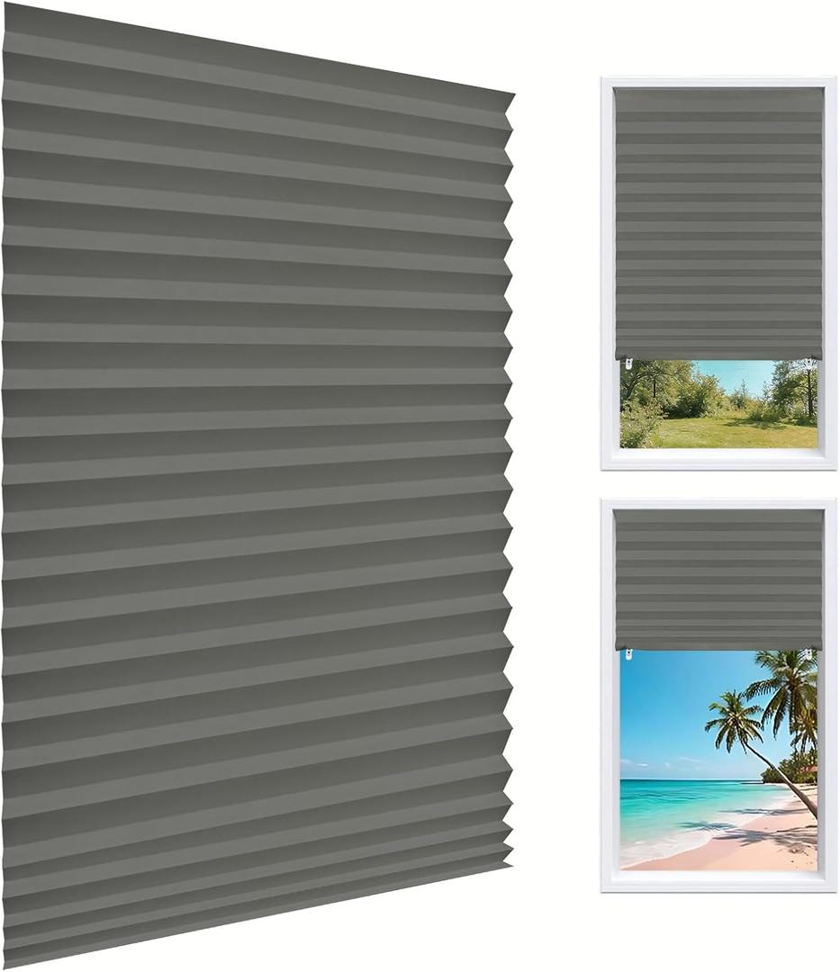 Temporary Light Filtering Paper Shades for Windows Pleated Blinds with Adhesive,No Tools No Drilling Free Cut Size Temporary Room Darkening Shades CurtainType Rectangular Semi Blackout Grey, 35"W x 59"H_6PCS
