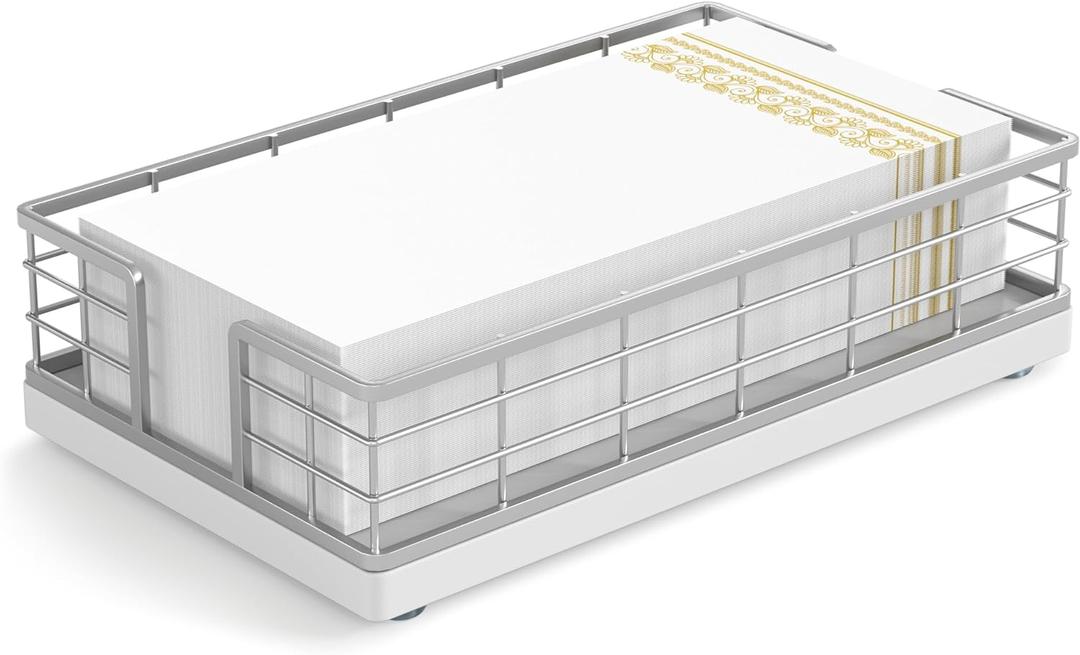 Wican Guest Towel Holder Tray for Bathroom, Oak and Iron Napkins Holder for Powder Room Dinning Table Wooden Basket for Disposable Paper Hand Towels Silvery and White (9.06 x 5.51 x 2.56 inchs)