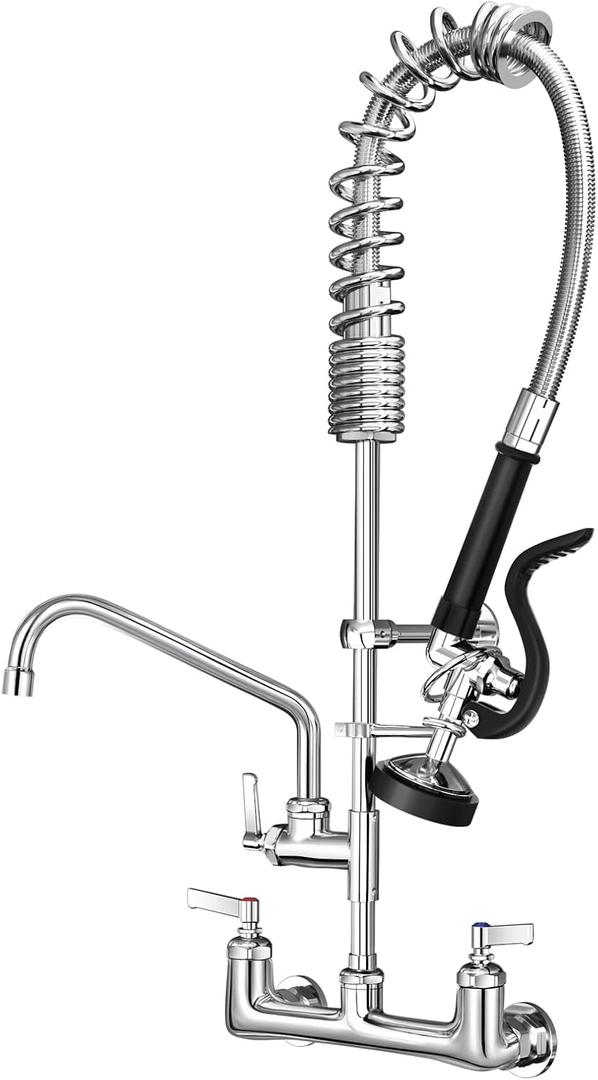 Commercial Kitchen Faucet Heavy Duty Wall Mount Sink Faucet, 8 Inch Center 25 Inch Commercial Kitchen Faucet with Pre-Rinse Sprayer Black and 10 Inch Add-On Spout for 1,2,3 Compartment Sinks