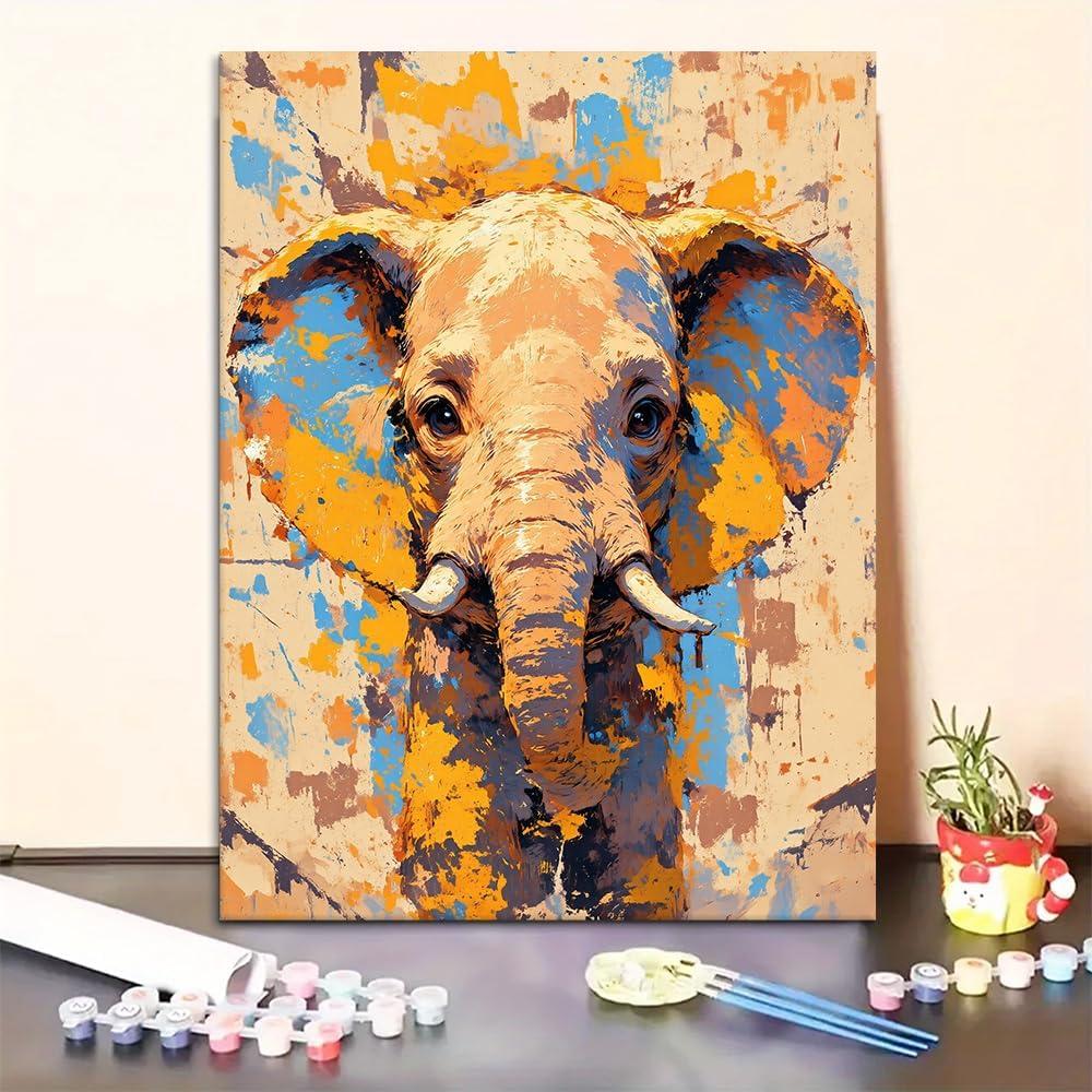 Paint by Numbers kit for Adults Colorful Elephant Portrait with Abstract Background, Paint by Numbers kit 20INx16IN (with Frame)