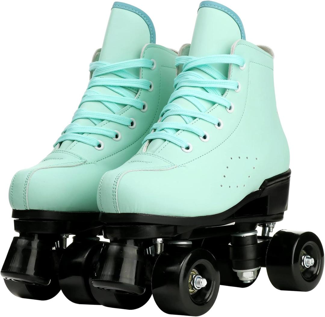 Roller Skates for Women and Men Cowhide High-Top Shoes Classic Double-Row Roller Skate Four-Wheel Roller Skates for Men Girls Unisex (41=US:8, green)