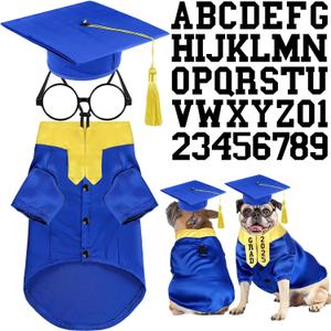 5 Pcs Dog Graduation Costume Set Include 2025 Pet Graduation Gown with Stole Puppy Grad Cap Lensless Glasses DIY Letter Stickers for Dogs Cats Holiday Costume Accessory(Blue Yellow, M)