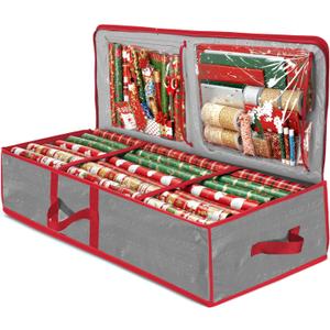 ZOBER Gift Wrapping Paper Organizer Storage - 40" Gift Wrap Storage Containers With Interior Pockets For Bows, Tags & Ribbons - Wrapping Paper Holder, Waterproof, Fits 24 Standard Rolls (Gray)