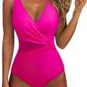 SUUKSESS Women Sexy Mesh Tummy Control One Piece Swimsuit Push Up Bathing Suit (Large, 119 Hot Pink)