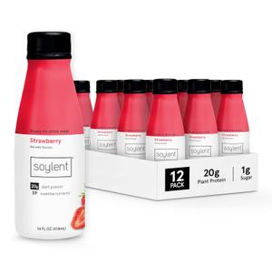 Soylent Strawberry Meal Replacement Shake, Ready-to-Drink Plant Based Protein Drink, Contains 20g Complete Vegan Protein and 1g Sugar, 14oz, 12 Pack BB 10/1/25