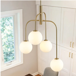 Mid Century Modern Chandelier 4-Light Milk Glass Globe Chandelier Gold Sputnik Ceiling Light Fixture Hanging for Dining Room Kitchen Island Entryway Bedroom Living Room Bulbs Included 19.68IN